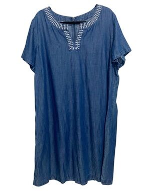 Talbots Dress Womens Size 18W Shift Denim Boho chambray Embroidered Lagenlook